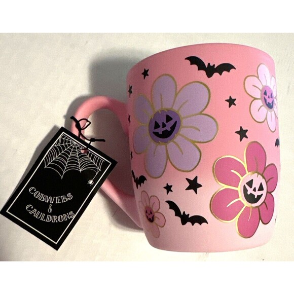 Halloween Pink Flower Pumpkin Jack O Lantern Bat Hippy Floral Pastel Purple Mug - Picture 1 of 8